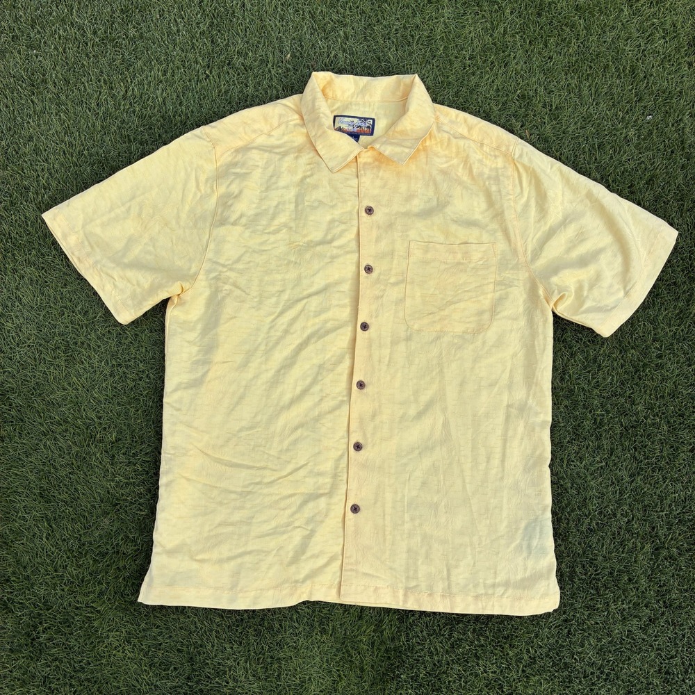 Havana Jacks Cafe Mens Large Pale Yellow Slub Texture Short Sleeve Button Down